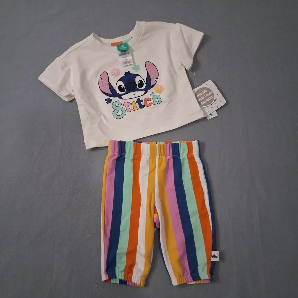 Disney Baby Stitch Outfit Size 0/3m Shirt Top Pants Stripes Festival Party Play